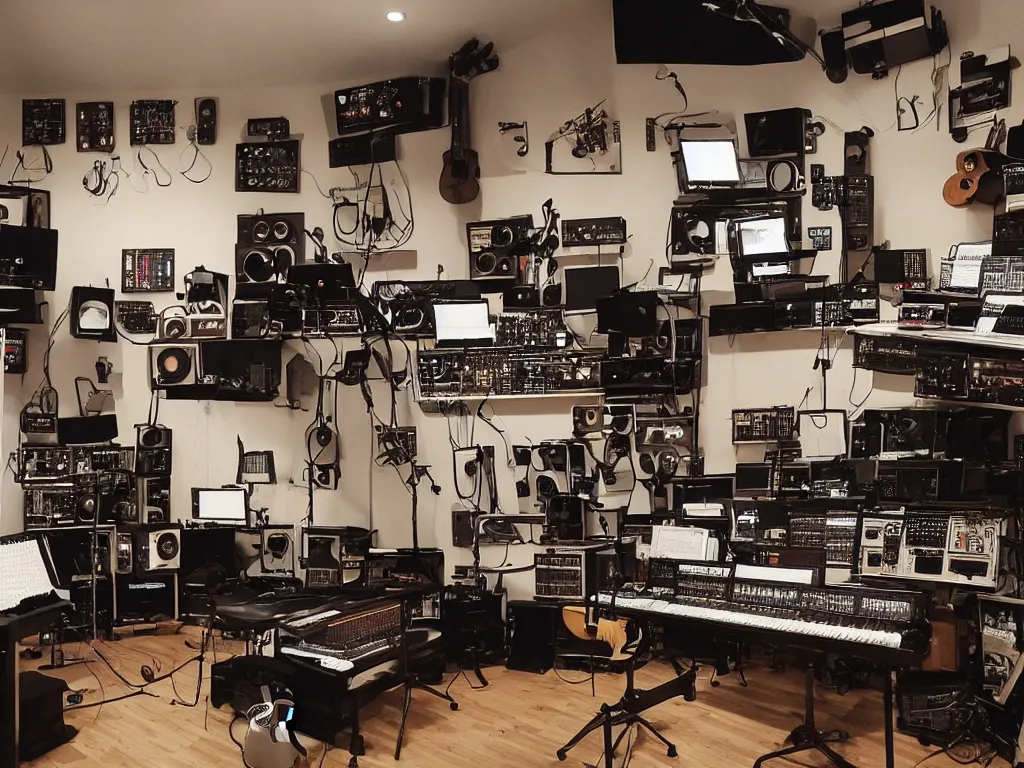 Prompt: an infinite and majestic music studio containing every instrument in existence