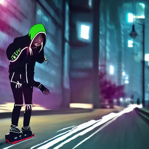 Image similar to teenager with hoddie rollerblading away at hyperspeed, animatrix, anime matrix