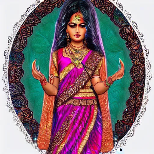 Image similar to indian hindu woman in an intricate beautiful dress, ornate, psychedelic, trending on artstation