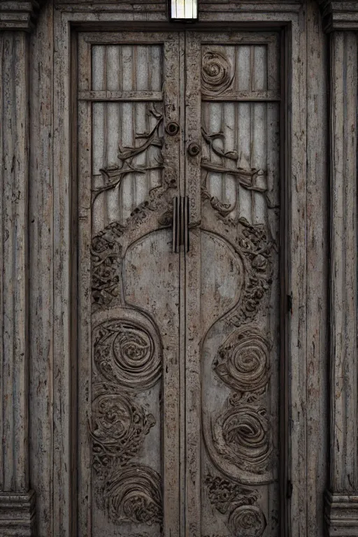 Image similar to a huge old heavy weathered wooden door made with rush plant ornaments in bright metalllic element, ornate, fantasy, photorealistic, octane render, volumetric light, high definition, ultra detailed, artstation, deviantart, cgsociety