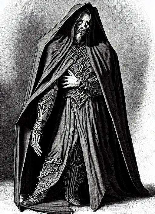 Prompt: fineart illustration of the necromancer wearing a cloak, hyper detailed, crisp