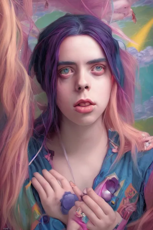 Image similar to billie eilish happy portrait of a vaporwave girl in a cluttered 9 0 s bedroom, by artgerm, tom bagshaw, gerald brom, vaporwave!, vaporwave colors!, lo fi colors, lo fi, 4 k, hd,