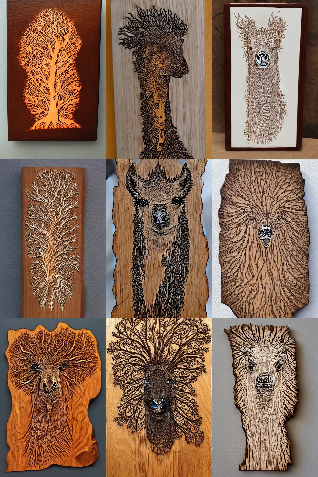 Image similar to fractal wood burning lichtenberg figure llama portrait