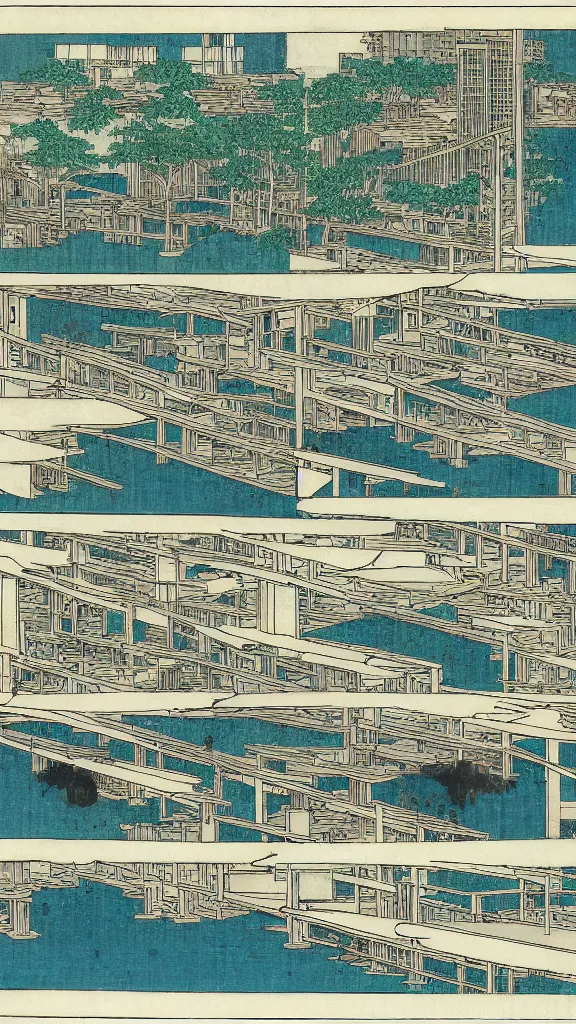 Prompt: 3 - panel comic spread layout by hiroshige and piranesi. ecological parametric futuristic building in a urban setting. ultrarealistic photo on white page. the buildings have deep tall balconies with plants and trees. thin random columns, large windows, deep overhangs. greeble articulated details. 8 k, uhd.