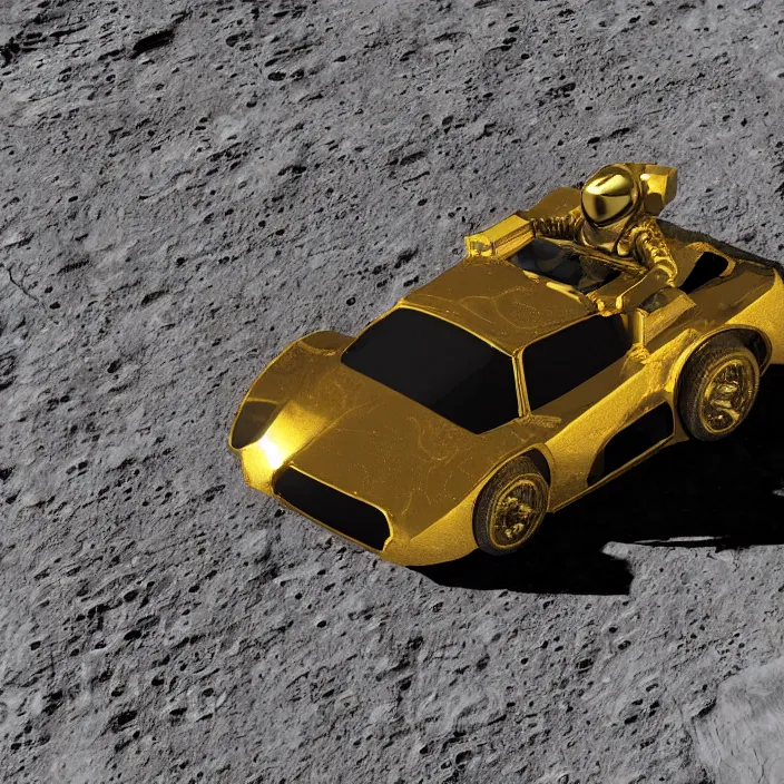 Image similar to a 3 d render of a golden reflective astronaut racecar on the moon, 8 k, realistic, dynamic, artstation, digital art