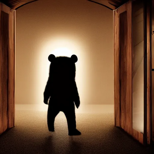 Image similar to dark photograph of a small bear character with a spotlight focused on him walking through a large wooden doorway