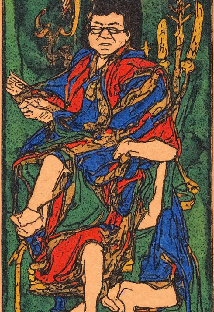 Image similar to Yann LeCun sitting on the throne on a tarot card, illustrated on the Rider–Waite tarot.