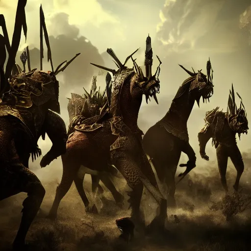 Prompt: a giant fire breathing giraffe wearing intricate spiked iron battle armor attacking a group of fleeing knights, dramatic lighting, highly detailed, photorealistic, cinematic, octane render