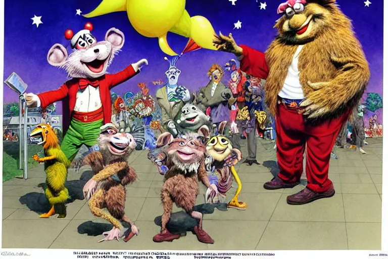 Prompt: a hyperrealist watercolour character concept art portrait of chuck e. cheese and showbiz pizza place. birthday party apocalypse. by rebecca guay, michael kaluta, charles vess and jean moebius giraud