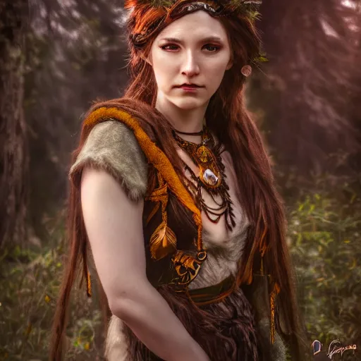 Image similar to a portrait of a female druid ,Grim fantasy, D&D, HDR, natural light, shoulder level shot, dynamic pose, award winning photograph, Mucha style 4k,