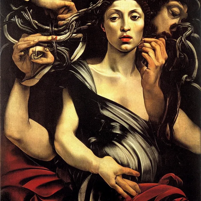 Prompt: Caravaggio-style portrait of Medusa