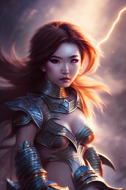 Prompt: sakimi chan, fantasy armor, detailed face, white skin, dramatic lighting, tony sart, wind, lightning