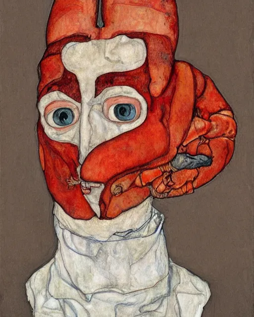 Image similar to portrait of an anthropomorphic lobster by egon schiele in the style of greg rutkowski