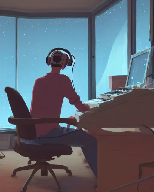 Image similar to man with headphones at his home studio producing music late at night, very detailed, 4 k, cory loftis, james gilleard, atey ghailan, makoto shinkai, goro fujita, studio ghibli, rim light, exquisite lighting, clear focus, very coherent