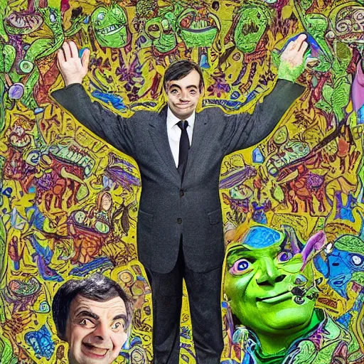 Image similar to very very very very highly detailed, epic, central composition, photo of Mr Bean as Shrek in the swamp, intricate, happy colors, extremely detailed, digital