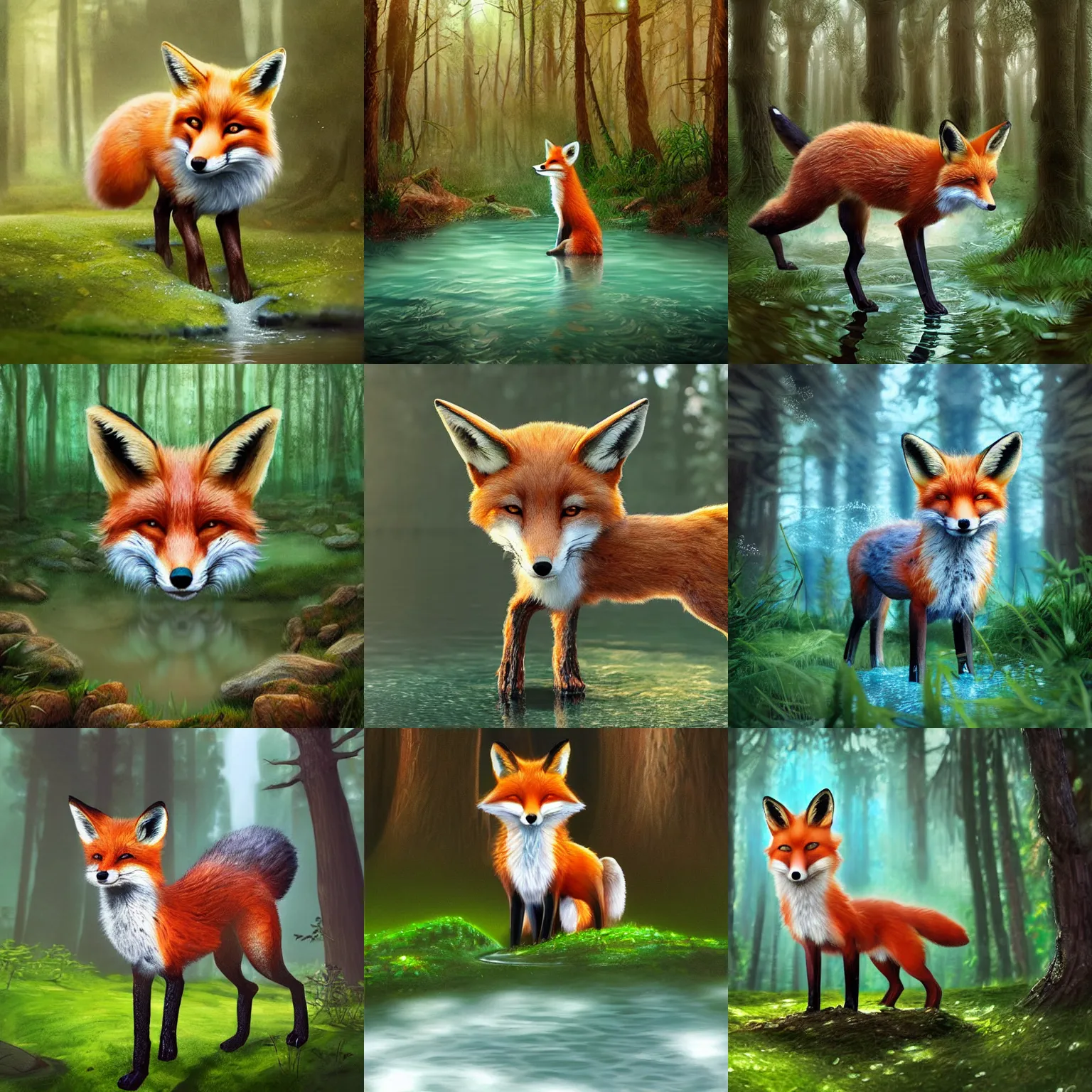 Prompt: a fox made entirely of water, standing in a forest, digital art, highly detailed, trending on ArtStation