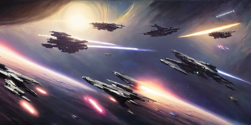Prompt: hyper realistic sci - fi matte concept art painting of epic cinematic dogfight between starships in space, brightly lit!, beautiful details, strong composition painted by kim jung guweta studio rutkowski, james gurney and greg rutkowski, and lucasfilm, smooth, intricate, detailed, sharp focus, cinematic