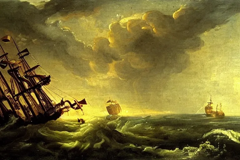 Image similar to A Kraken attacks a ship, Claude Lorrain (1648), oil on canvas, detailed brushstrokes