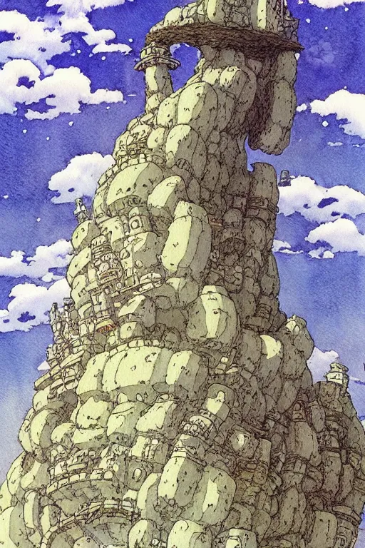 Image similar to hyperrealist studio ghibli watercolor fantasy concept art of a giant from howl's moving castle sitting on stonehenge like a chair. it is a misty starry night. by rebecca guay, michael kaluta, charles vess