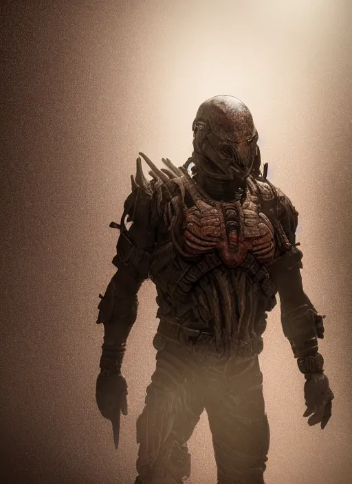 Prompt: a photorealistic dramatic hyperrealistic render of predator, ultra realistic details, well worn, rust, oil stains by vitaly bulgarov and mike nash, beautiful dramatic dark moody tones and lighting, cinematic atmosphere, studio lighting, global illumination, shadows, dark background, octane render, 8 k