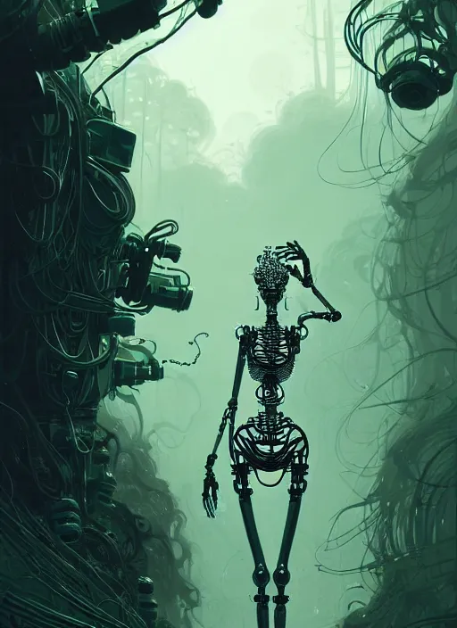 Image similar to highly detailed portrait of a biomechanical long curly white hair tribal lady, stray wiring by atey ghailan, james gilleard, by joe fenton, by greg rutkowski, by greg tocchini, by kaethe butcher, 4 k resolution, gradient green, black and white color scheme!!! ( ( forested robotic dense jungle background ) )