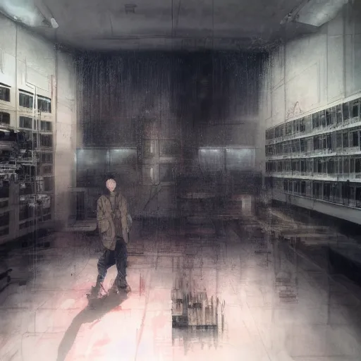 Image similar to portrait of lain iwakura connected to a room full of cables computers and displays by ruan jia and joao ruas. atmospheric