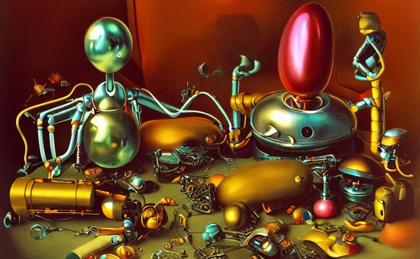 Image similar to strange seductive futuristic robot body, enticing colorful oil painting dutch golden age vanitas still life sparse composition with bulbous objects strange gooey transparent surfaces shiny metal reflections bizarre mutant meat insects rachel ruysch dali todd schorr very detailed perfect composition rule of thirds masterpiece canon 5 0 mm, cinematic lighting, photography, retro, film, kodachrome