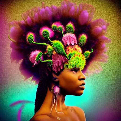 Image similar to a female african marijuanna! shaman with an afro made of flowers, third eye art art by machina infinitum, complexity from simplicity, rendered in octane, mandelbulb 3 d, ambient occlusion, macro photography, felt!!! texture, tribal, pastel! retrowave