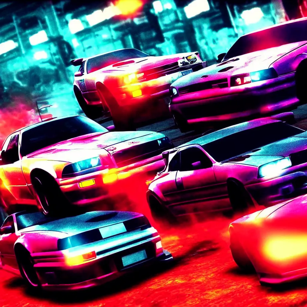 Prompt: need for speed underground 2, single car, drifting, vhs aesthetic, 9 0 s aesthetic, nice lighting, retrowave,