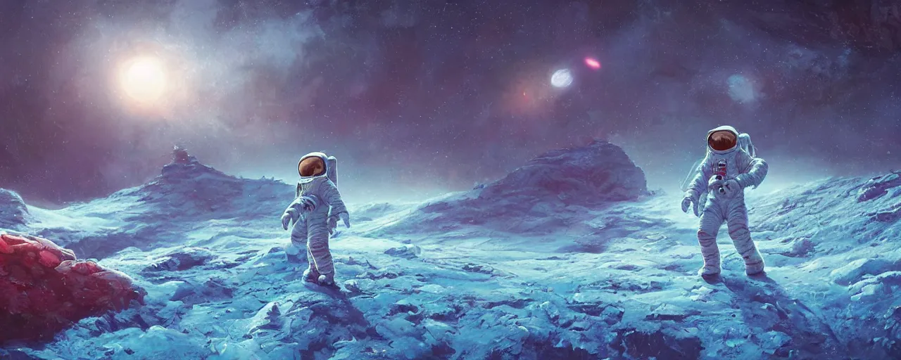 Image similar to lone astronaut exploring outer planet covered with ice, art by paul lehr, cinematic, detailed, epic, widescreen, opening, establishing, matte painting, photorealistic, realistic textures, octane render