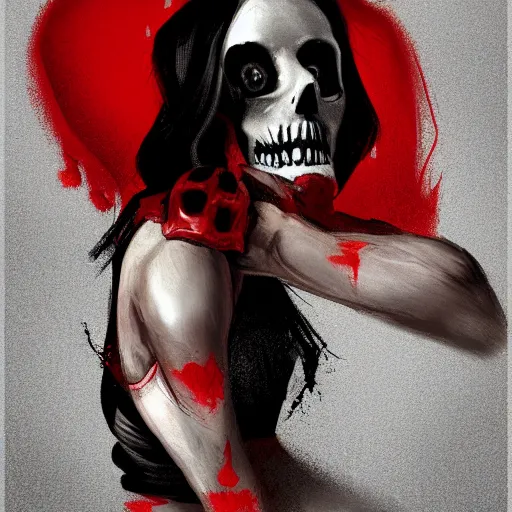 Image similar to Female death holding a red and black skull with the top cut off in one hand up to her face like hamlet, kodachrome, high contrast, highly detailed, sharp focus, digital painting, concept art, illustration, trending on artstation,