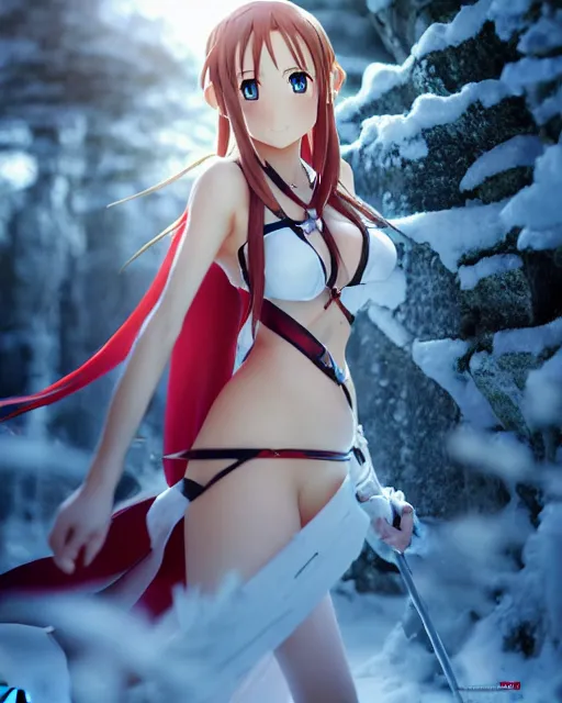 Image similar to photo of asuna from sao in winter location, asuna by a - 1 pictures, by greg rutkowski, gil elvgren, enoch bolles, glossy skin, pearlescent, anime, maxim magazine, very coherent, 3 d render, vray, maya