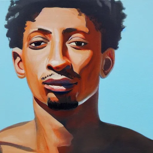 Prompt: painting of a tranquil 21 savage standing close to camera in the style of flooko, acrylic, twilight, glows, detailed,