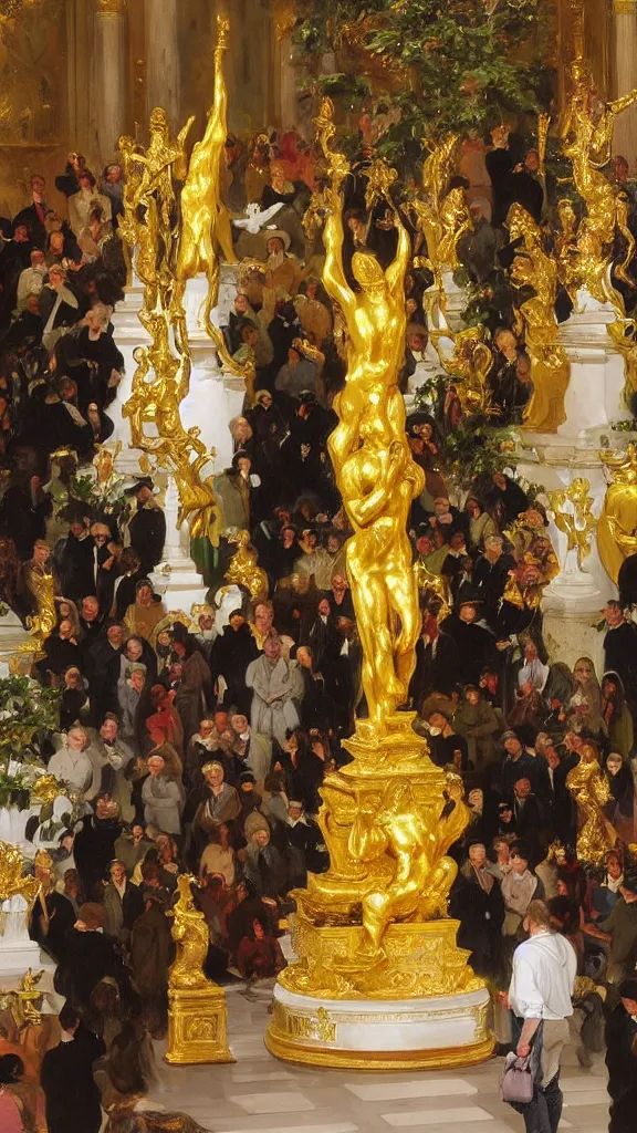 Prompt: a crowd of people pray a golden rabbit statue god in up center, botanical room by john singer sargent