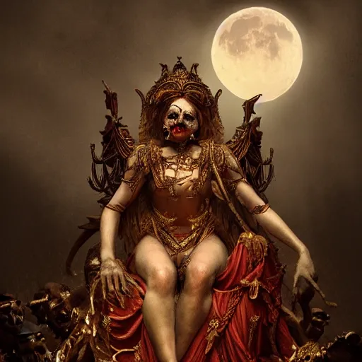 Prompt: dark concept art of a goddess made of gold dust under a red moon, she is sitting on her throne made of human skulls, in the art style of vittorio reggianini, emil melmoth, full body, extremely detailed, 8 k