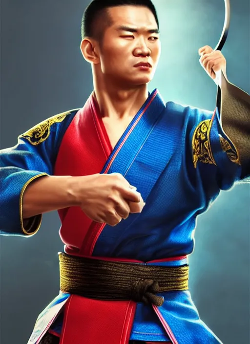 Prompt: male martial artist with a high ponytail, holding a sabre!!! asian facial features and blue eyes!! intricate ornate blue robes!! character concept art, sharp focus, octane render! unreal engine 5! highly rendered!! trending on artstation!! detailed linework!! illustration by artgerm, wlop, and chie yoshii