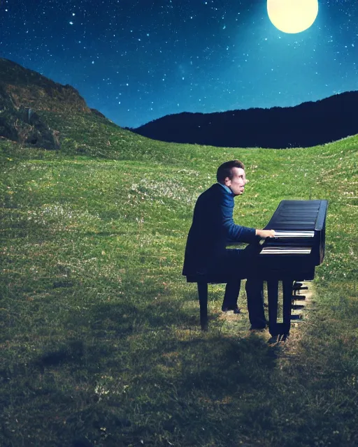 Prompt: handsome man playing a piano in the moonlight on a mountain, photorealistic, atmospheric 50mm lens