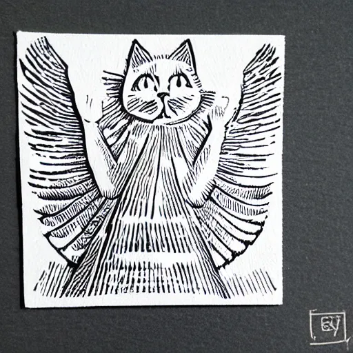 Prompt: linocut angel happy cat