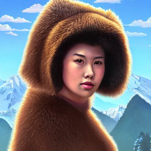 Image similar to a beautiful scenic painting of a beautiful young woman that looks like a grizzly bear by artgerm and wlop and wes anderson and spike jonze