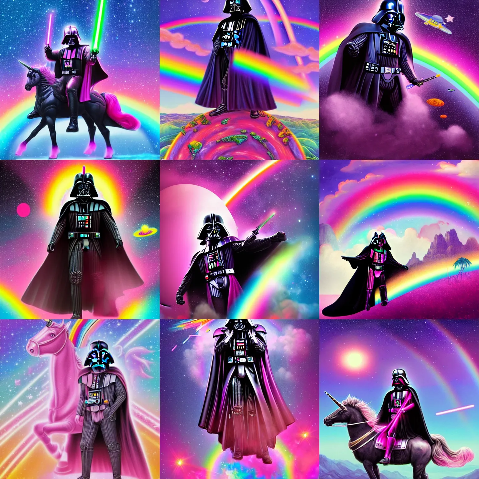 Prompt: beautiful matte painting of a psychedelic glittering pink darth vader wearing pink riding a unicorn over a rainbow in space by lisa frank and dan mumford, unreal engine, concept art, CGsociety, trending on artstation