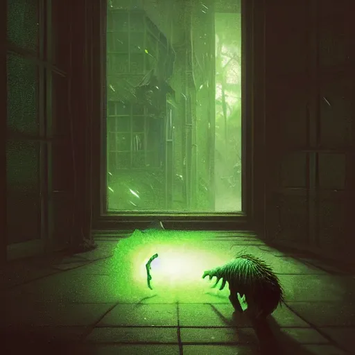 Prompt: strange creature looking inside through the window, night, realistic lighting, darkness outside the window, glowing green eyes, horror, by greg rutkowski, wlop and ruan jia, illustration, fantasy, hyper detailed, unreal engine, sharp focus, ray tracing