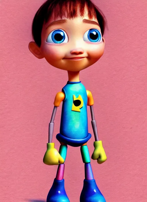 Image similar to pixar character with tiny robot sidekick, animated, beautiful face, watercolor, photorealistic, earthy colors, intricate outfit, gradient background