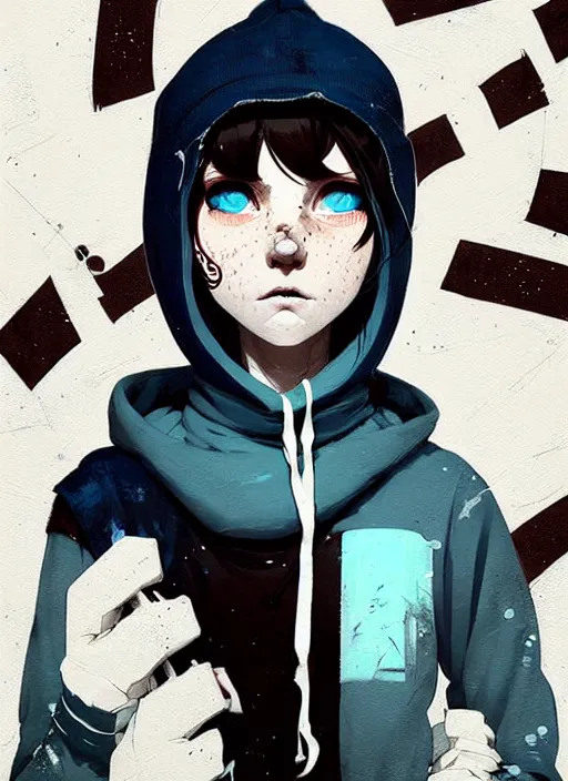 Image similar to highly detailed portrait of a sewer punk lady student, blue eyes, hoodie, white hair by atey ghailan, by greg rutkowski, by greg tocchini, by james gilleard, by joe fenton, by kaethe butcher, gradient blue, black, brown and cyan color scheme, grunge aesthetic!!! ( ( graffiti tag wall background ) )