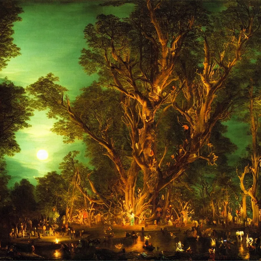 Image similar to a night carnival around a magical tree cavity, with a surreal orange moonlight and fireworks in the background, next to a lake with iridiscent water, christmas lights, folklore animals and people disguised as fantastic creatures in a magical forest by summer night, masterpiece painted by joseph wright, dark night environment