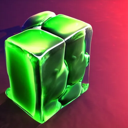 Image similar to a gelatinous cube from dnd with bones floating in it, translucent green slime cube filled with bones, 3d render, unreal engine, volumetric lighting, artstation