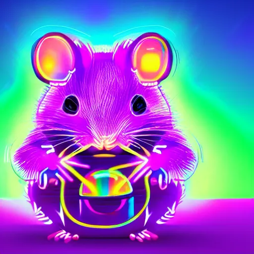 Image similar to cyberpunk hamster! holding rainbow! gem! crystal, neon lights, light reflection, 8 k, hd