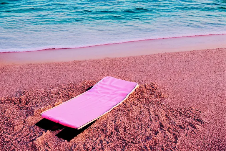 Image similar to a vintage family holiday photo fuji kodak of an empty beach shore with pastel pink sand reflective metallic water and sunbathing equipment at dusk.