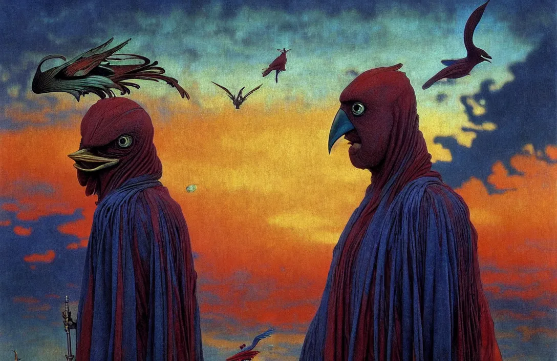 Image similar to realistic detailed portrait movie shot of a birdman wearing dark ragged robes, sci fi city sunset landscape background by denis villeneuve, amano, yves tanguy, alphonse mucha, ernst haeckel, max ernst, roger dean, masterpiece, rich moody colours, bird head, blue eyes