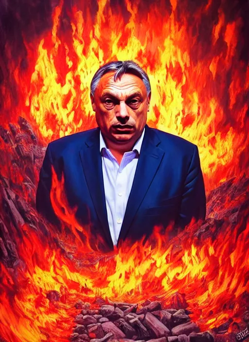 Image similar to photo of viktor orban in hell, in the style of stefan kostic, realistic, professionally, professionally color graded, half body shot, sharp focus, 8 k high definition, insanely detailed, intricate, elegant, art by stanley lau and artgerm