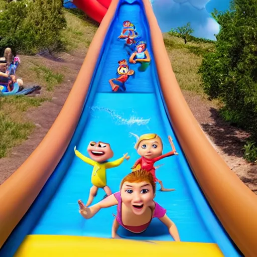Image similar to a Still from a pixar movie of kids coming down a waterslide